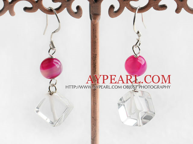 pink agate and white crystal dangle earrings