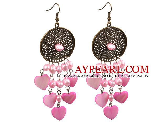 Vintage Style Chandelier Shape Pink Pearl Heart Shell Dangle Earrings With Round Bronze Accessory