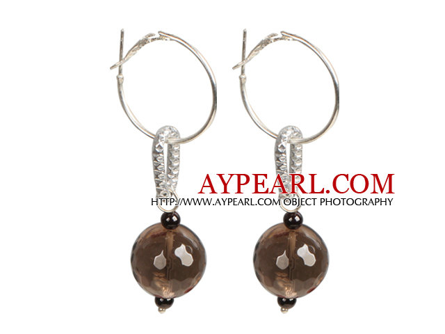 Trendy Style Πολύπλευρη Smoky Quartz θαυμαστής σκουλαρίκια με μεγάλο βρόχο γάντζο