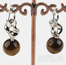 Nice Short Style 12Mm Round Tiger Eye And Loop Metal Charm Earrings With Ear Hoops