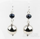 Simple Design Black Freshwater Pearl and Metal Ball Dangle Earrings