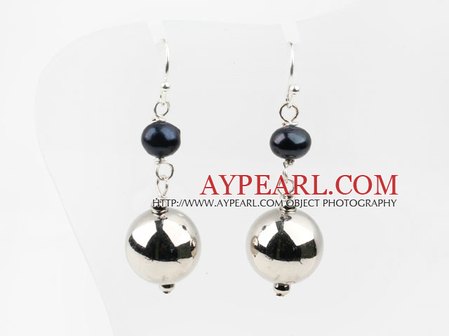 Simple Design Black Freshwater Pearl and Metal Ball Dangle Earrings