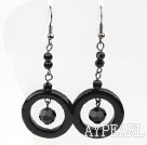 Fashion Long Style Assorted Donut And Facted Round Black Agate Drop Earrings With Fish Hook