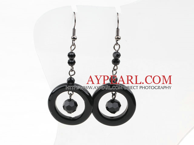 Fashion Long Style Assorted Donut And Facted Round Black Agate Drop Earrings With Fish Hook