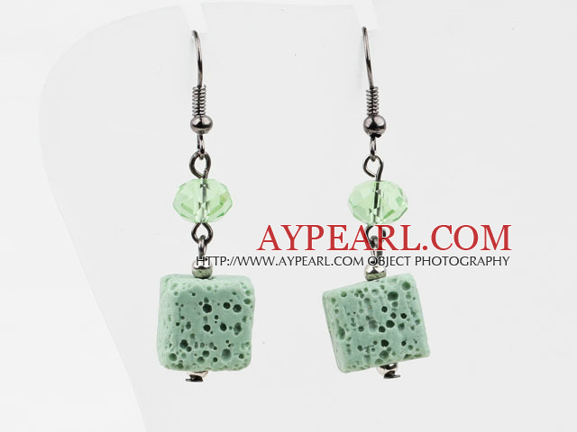 Lovely Apple Green Series Square Volcanic Stone And Crystal Dangle Earrings