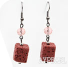 Fashion Cubic Shape Brick Red Volcanic Stone And Pink Crystal Dangle Earrings