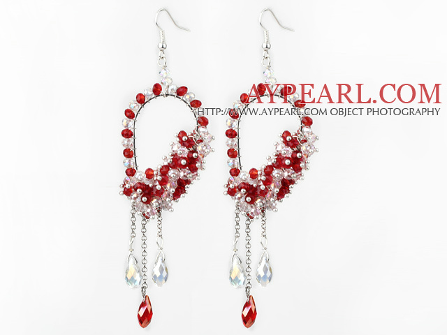 New Style Red Series Red and Clear Crystal Tassel Fashion Earrings