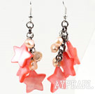 Pink Series Pink Pearl and Star Shape Shell Dangle Earrings