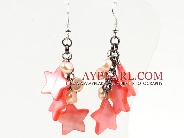 Pink Series Pink Pearl og stjerne Shape Shell Dangle øredobber