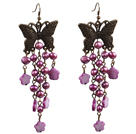 Vintage Style Chandelier Shape Purple Pearl Shell Flower Dangle Earrings With Butterfly Bronze Accessory