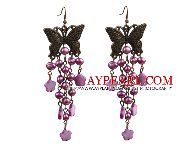 Vintage Style Chandelier Shape Purple Pearl Shell Flower Dangle Earrings With Butterfly Bronze Accessory