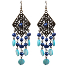 Vintage Style Chandelier Shape Blue Pearl Shell Dangle Earrings With Rhombus Bronze Accessory