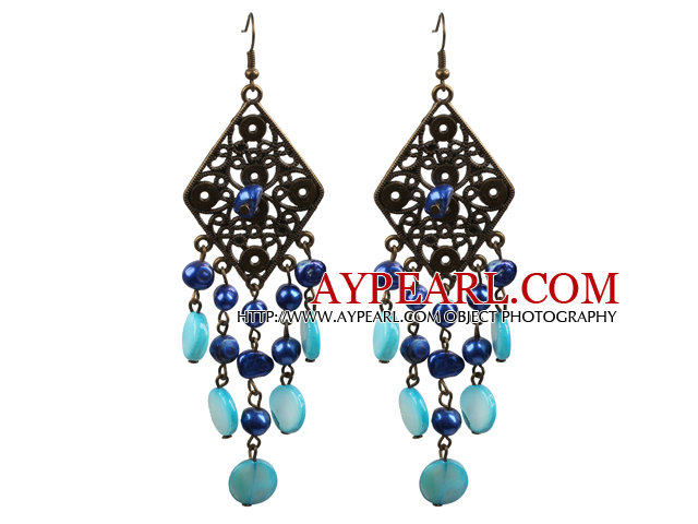 Vintage Style Chandelier Shape Blue Pearl Shell Pärlhalsband med Rhombus brons tillbehör