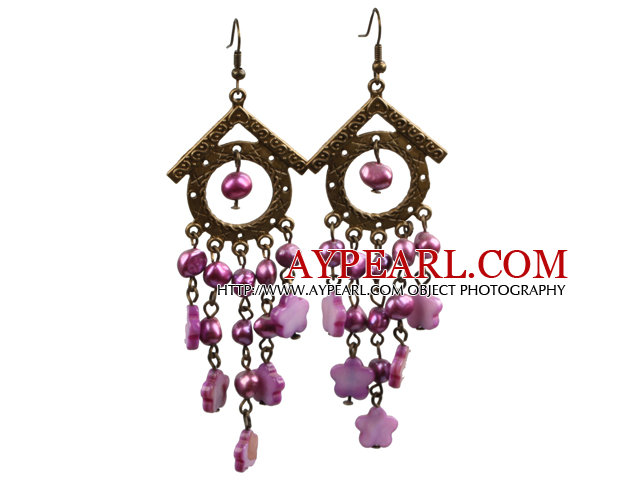 Vintage Style de forme Chandelier Boucles d'oreilles longues Violet Red Pearl Shell Flower Dangle