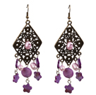 Vintage Style de forme de lustre rose violet nacre Pendants d'oreilles avec Rhombus Bronze Accessoire