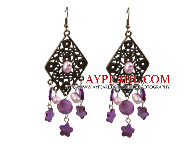 Vintage Style de forme de lustre rose violet nacre Pendants d'oreilles avec Rhombus Bronze Accessoire