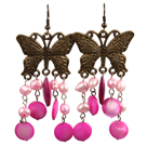 Vintage Style Pink Pearl Shell Dangle Earrings With Butterfly Bronze Accessory