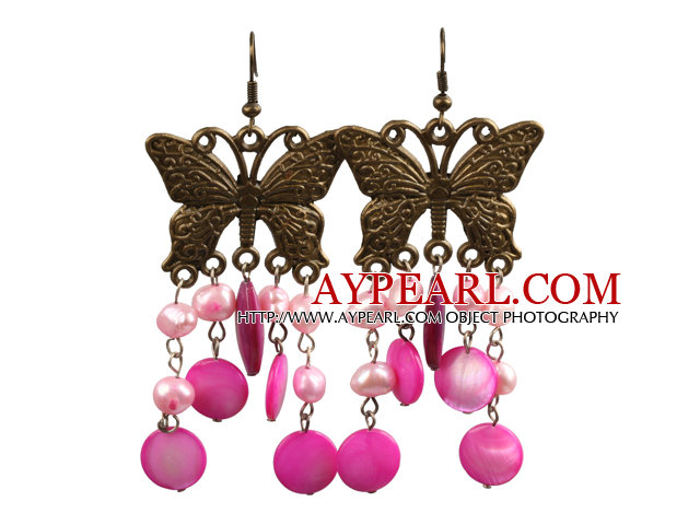 Vintage Style Pink Pearl Shell Dangle Earrings With Butterfly Bronze Accessory