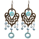 Vintage Style Chandelier Shape Light Blue Pearl Shell Dangle Earrings With Heart Shape Bronze Accessory