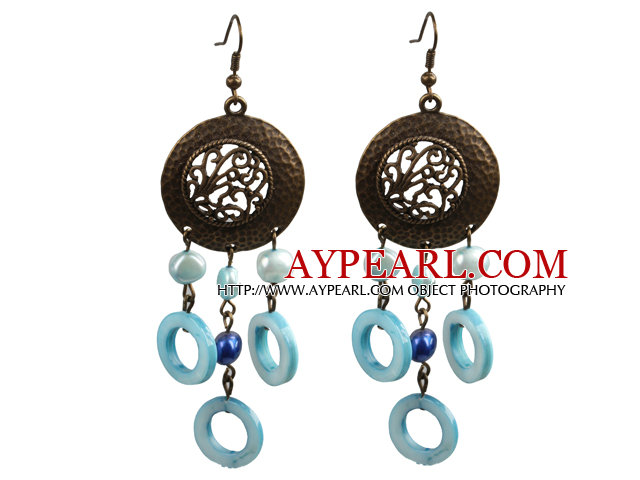 Vintage Style de forme de lustre Blue Pearl Donut Shape Boucles d'oreilles Shell Dangle