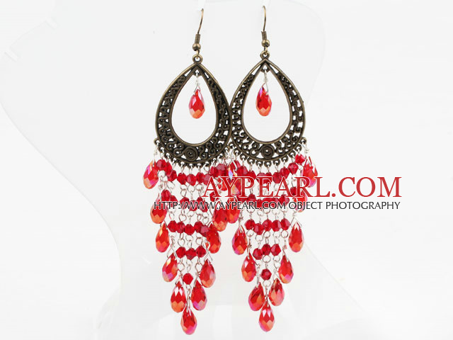 Vintage Style Red Drop Shape Crystal Tassel Earrings