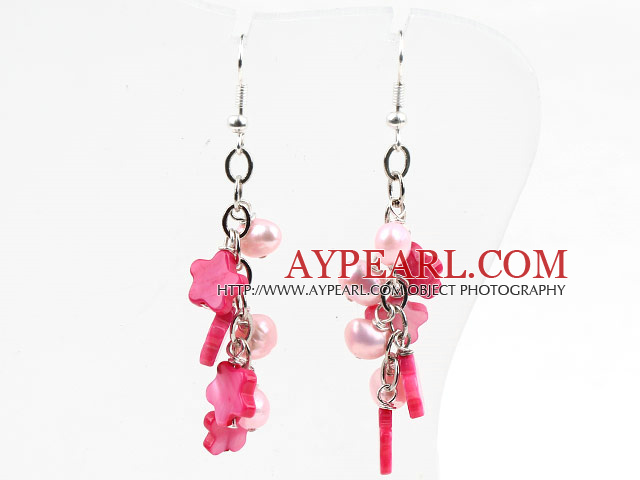 Hot Pink Pearl eau douce Série rose et rose chaud Shell Boucles d'oreilles fleurs Dangle