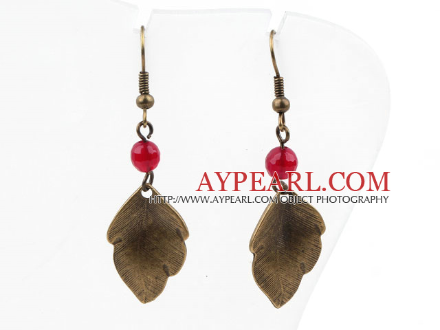 Vintage Style Rose Red Agate Earrings with Bronze Leaves Accessories