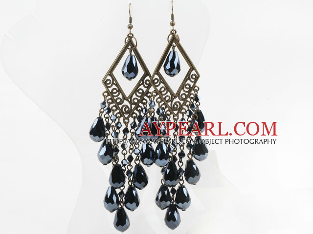 Long Style Tungsten Steel Color Crystal Tassel Earrings