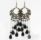 Long Vintage Loop Chain Style Black Round And Teardrop Agate Dangle Earrings