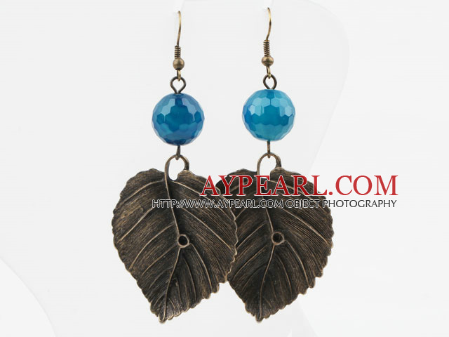 Vintage Style Facetté Bleu Boucles d'oreilles en agate avec Accessoires Feuilles de bronze