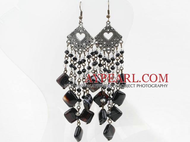 Long Style Black and Clear Crystal and Lined Agate Chandelier Earrings