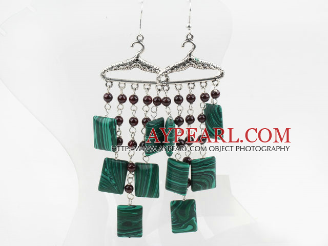 Garnet and Rectangle Shape Manmade Malachite Stone Earrings