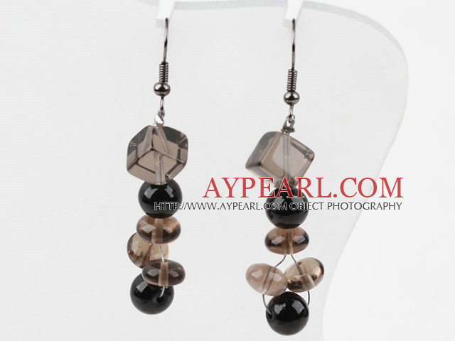 Dangle Style Smoky Quartz and Black Seashell Beads Earrings