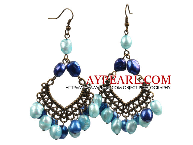 Vintage Style 8-9Mm Various Shades Of Blue Pearls Dangle Earrings