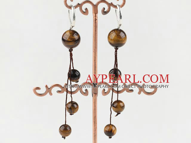 Fashion Long Style Round Tiger Eye Brown Threaded Dangle Earrings With Lever Back Hook