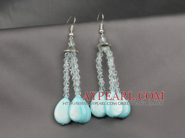 Drop Shape Blue Shell and Clear Crystal Dangle Earrings