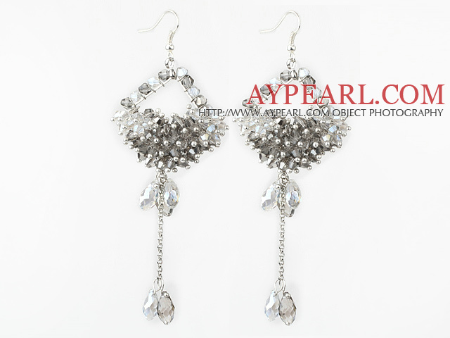 New Style Long Design Rhombus Shape Clear and Gray Crystal Tassel Earrings