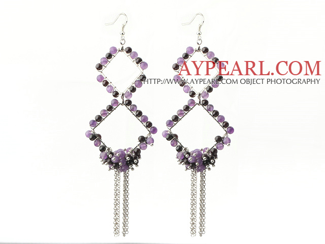 New Style Long Design Rhombus Shape Garnet and Amethyst Tassel Earrings