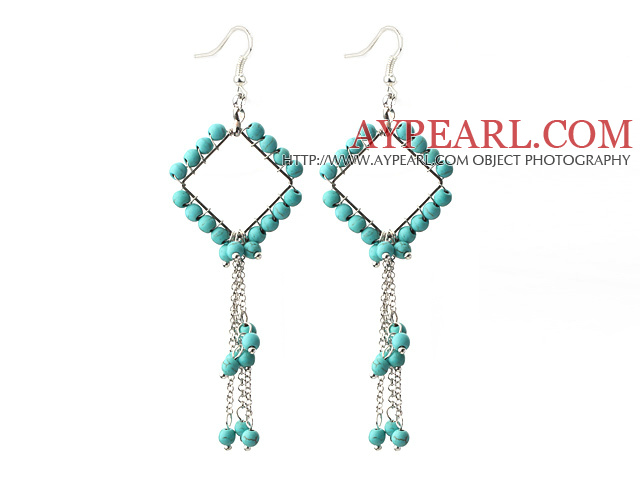 New Style Green Series Rhombus Shape Turquoise Tassel Long Earrings