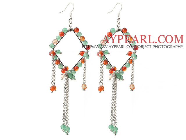 New Style Long Design Rhombus Shape Aventurine and Carnelian Tassel Earrings