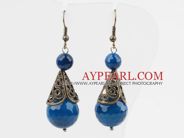 Vintage Style 14mm Faceted Blue Agate Earrings