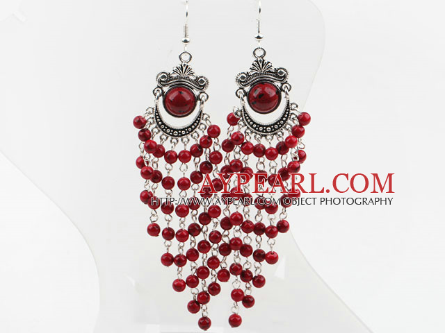 Classic Long Chain Loop Style Red Alaqueca Ball Dangle Earrings With Vintage Loop Metal Charm