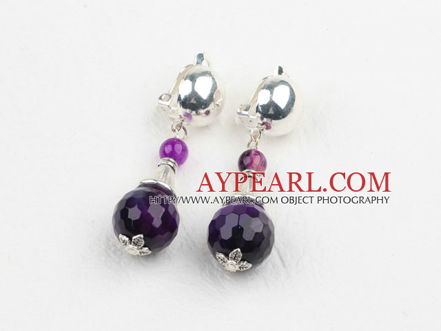 Fashion Faceted Round Purple Agate Metal Charm Clip-On Earrings