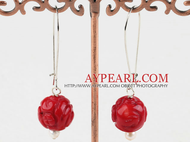 Fashion Carved Flower Red Coral Beads Dangle Earrings With Large Hoop Earwires