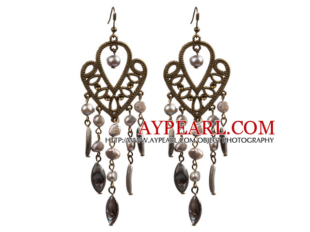 Vintage Style de forme de lustre Forme Gris Perle yeux Boucles d'oreilles Shell Dangle Avec Coeur Bronze Accessoire