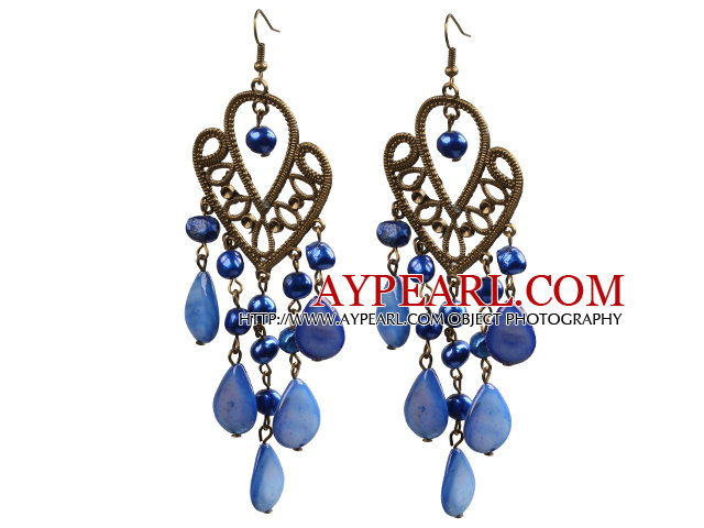 Vintage Style Chandelier Shape Blue Pearl Drop Shell Dangle Earrings With Heart Shape Bronze Accessory