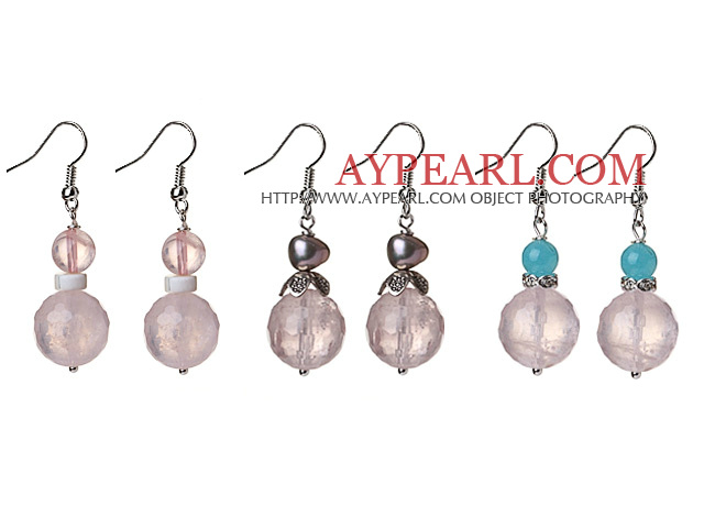 3 Pcs Simple Design Beautiful Faceted Rose Quartz Ball And Pearl And Blue Jade Dangle Earrings