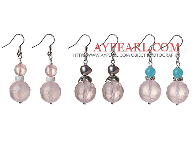 3 τμχ Απλή Σχεδιασμός Όμορφη πολύπλευρη Rose Quartz μπάλα και μαργαριτάρι και μπλε Jade θαυμαστής σκουλαρίκια