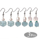 3 Pcs Simple Fashion Irregular Shape Blue Aquamarine And Pearl And Rose Quartz Earrings