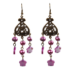Vintage Style Chandelier Shape Purple Pearl Shell Flower Dangle Earrings With Heart Shape Bronze Accessory